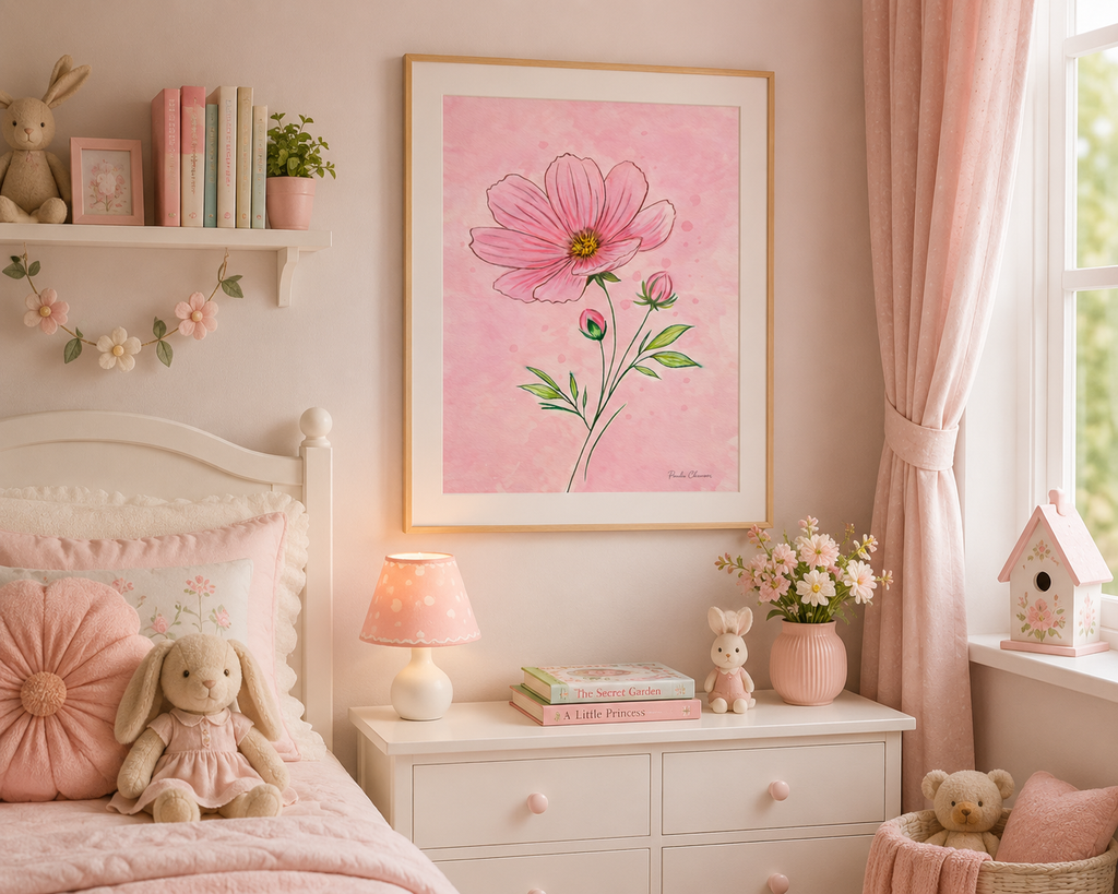 Original watercolor painting of a delicate pink cosmos flower with soft green leaves and buds against a blush pink watercolor background by Paula A. Chavers.