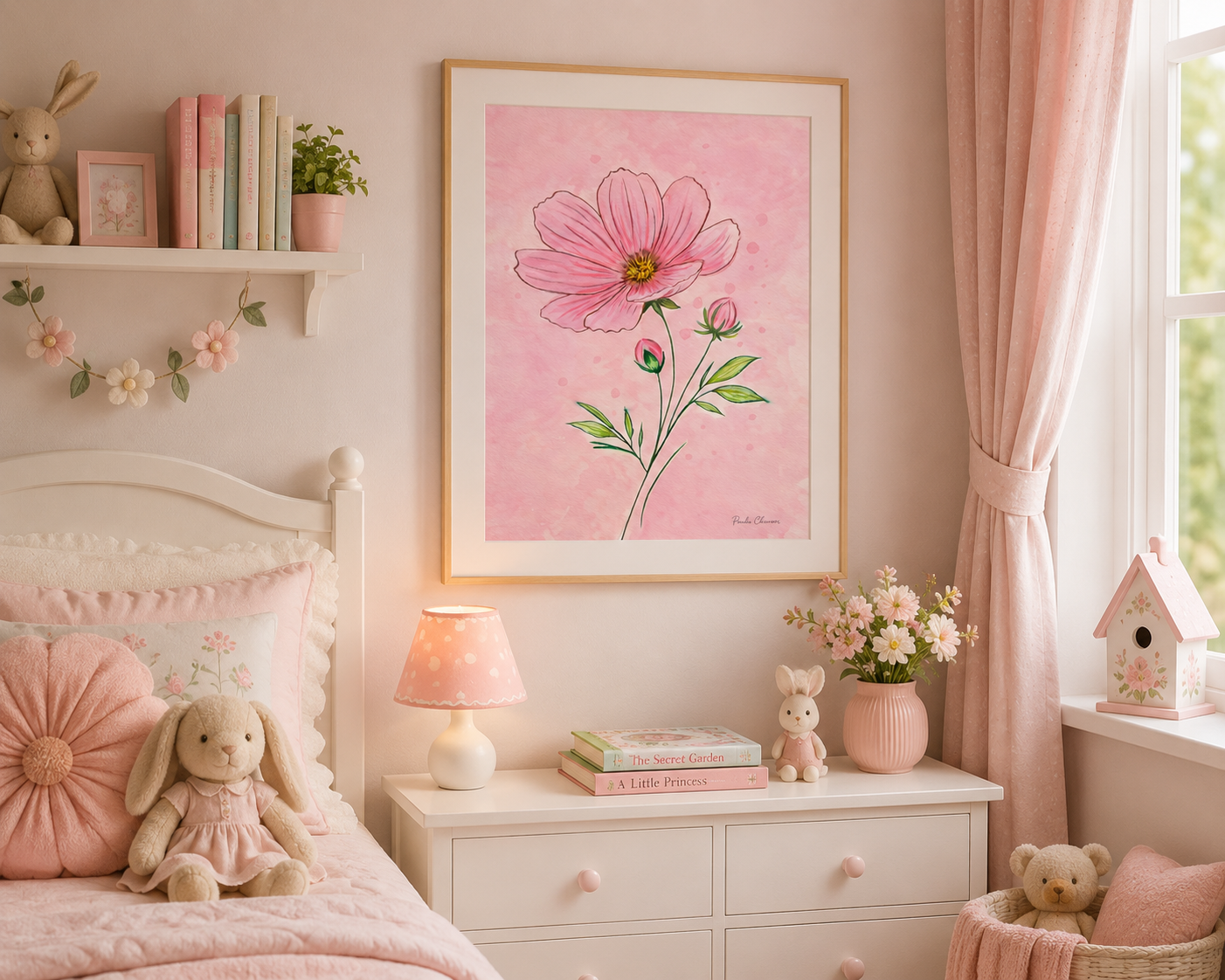 Original watercolor painting of a delicate pink cosmos flower with soft green leaves and buds against a blush pink watercolor background by Paula A. Chavers.
