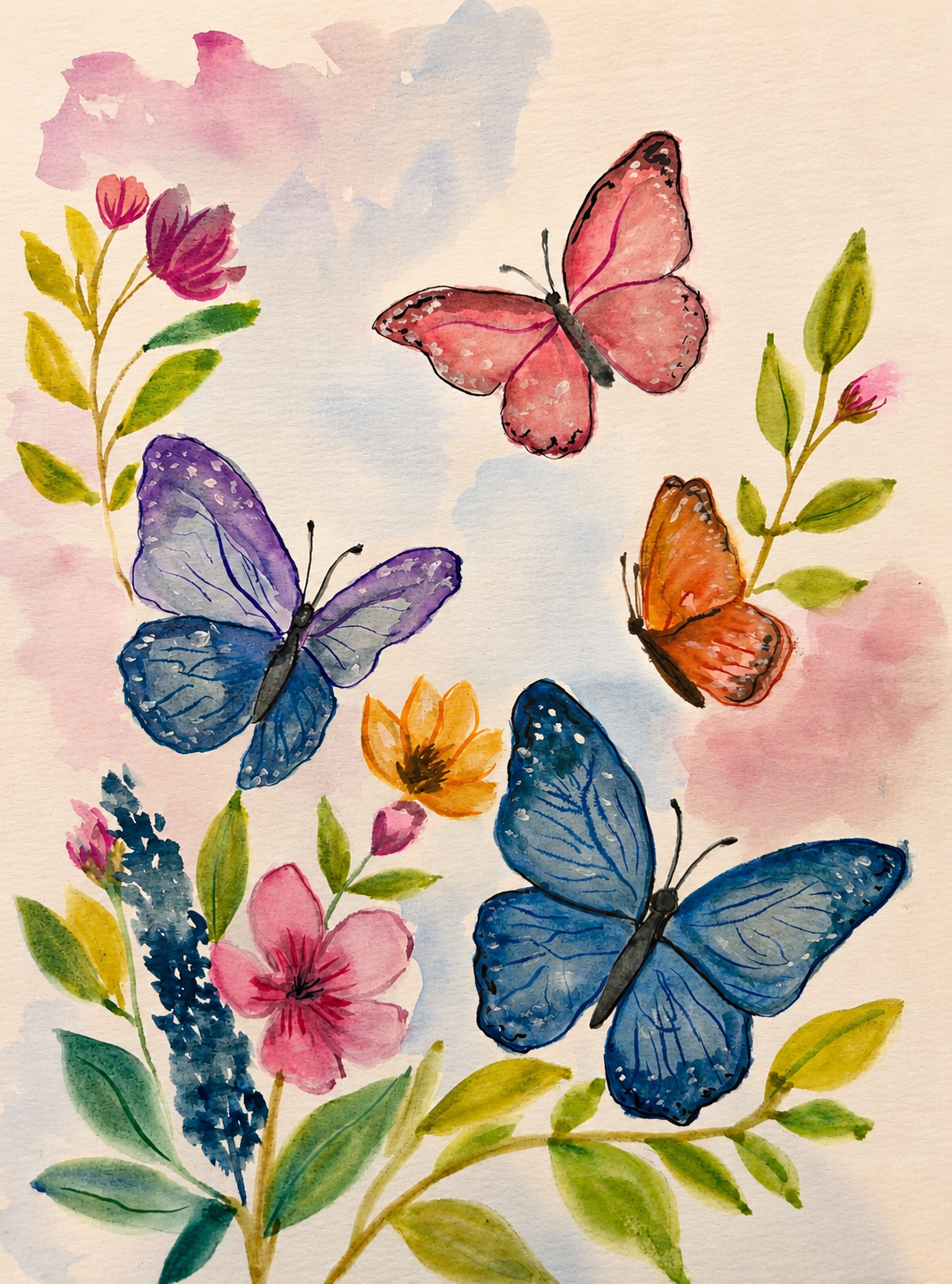 Butterfly Garden Dreams original watercolor painting 9x12 by Paula A. Chavers, colorful butterfly wall art, modern garden illustration for a girl's nursery or bright home decor.