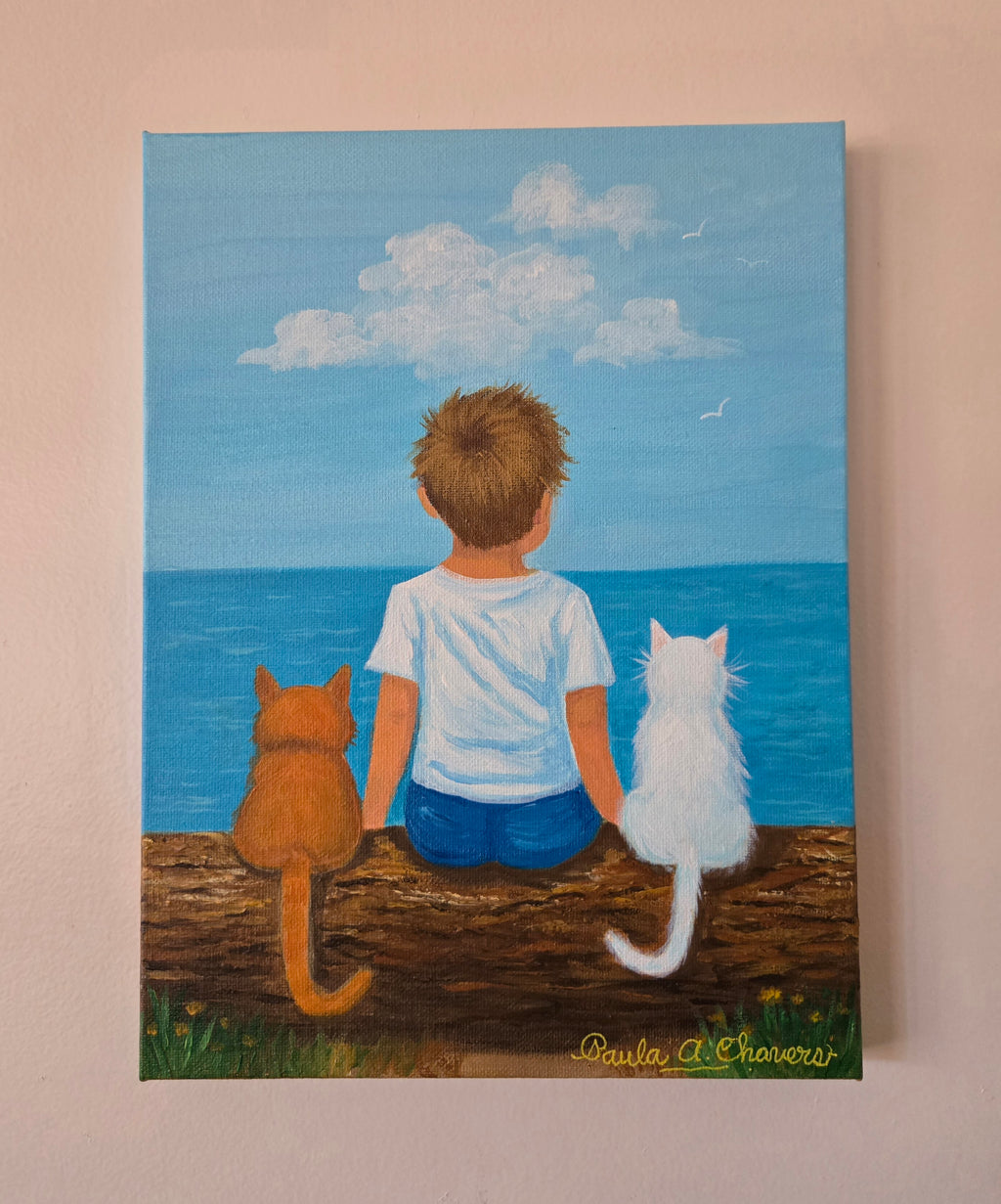 original acrylic painting boy with two cats childhood artwork by Paula A. Chavers