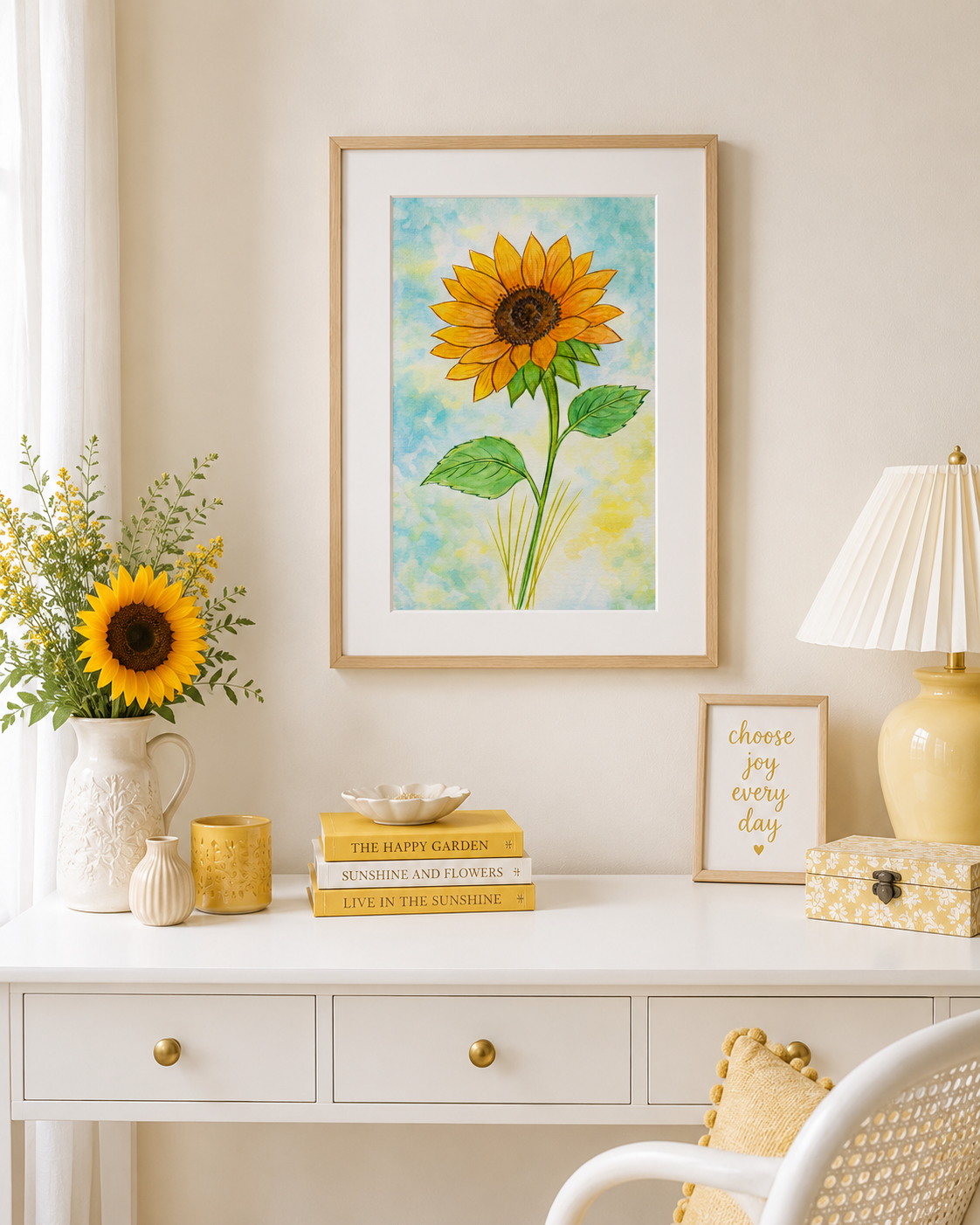 Original watercolor painting of a vibrant golden sunflower with soft green leaves against a dreamy blue and yellow watercolor background by Paula A. Chavers.