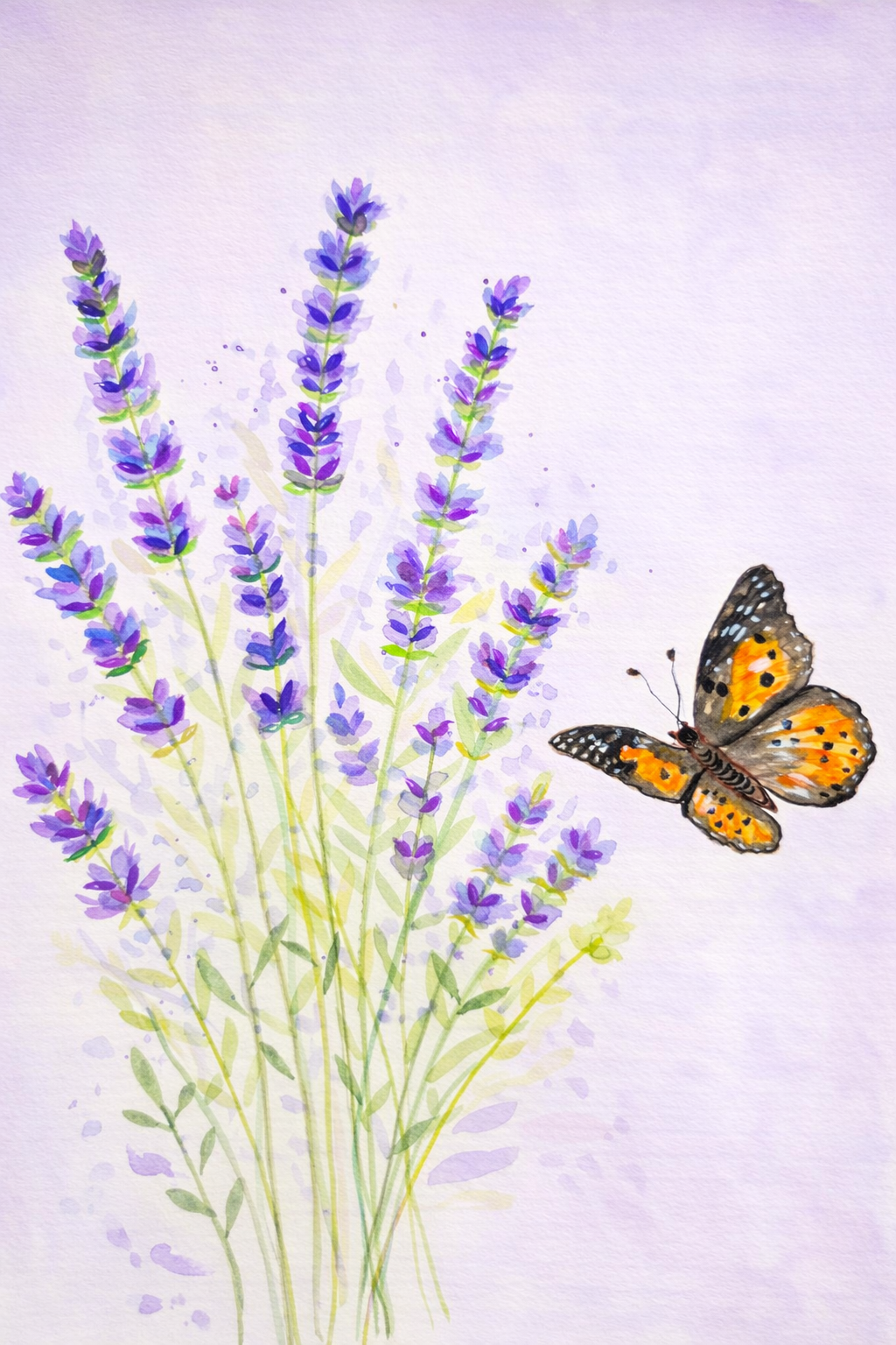 Original watercolor painting of lavender flowers with an orange butterfly on a soft lavender background by Paula A. Chavers.