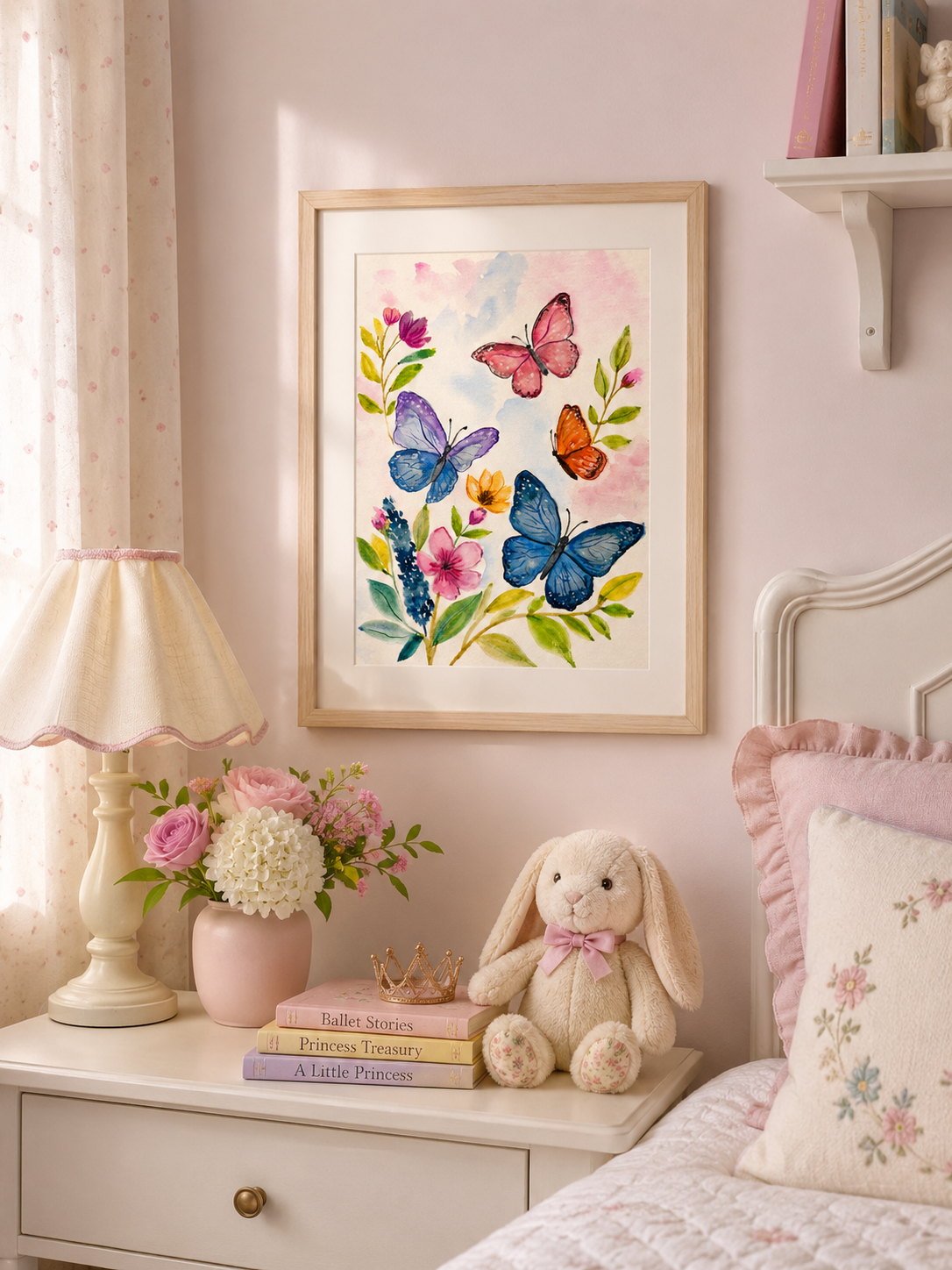 Butterfly Garden Dreams original watercolor painting 9x12 by Paula A. Chavers, colorful butterfly wall art, modern garden illustration for a girl's nursery or bright home decor.