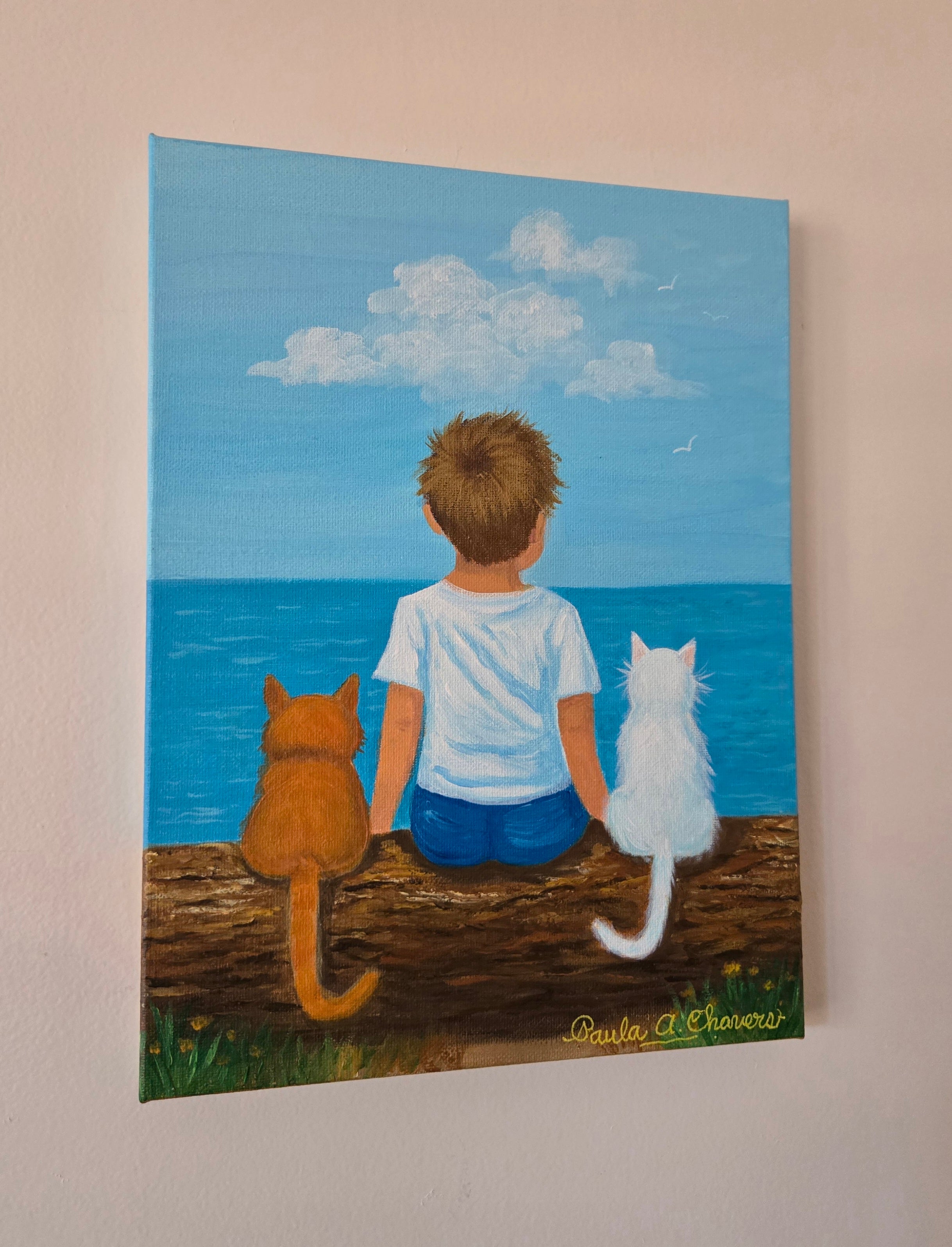 Original acrylic painting of two cats and a boy, meaningful nursery wall art and children's room decor by Paula A. Chavers, 9x12 in.
