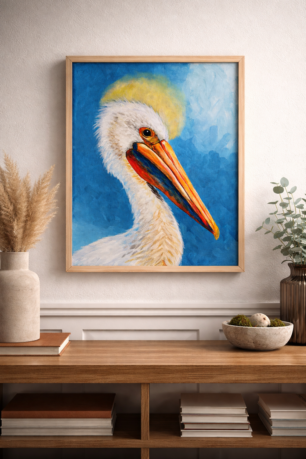 Radiance of the Pelican original acrylic painting 11x14 by Paula A. Chavers, coastal wall art, modern pelican bird illustration for beach house decor.