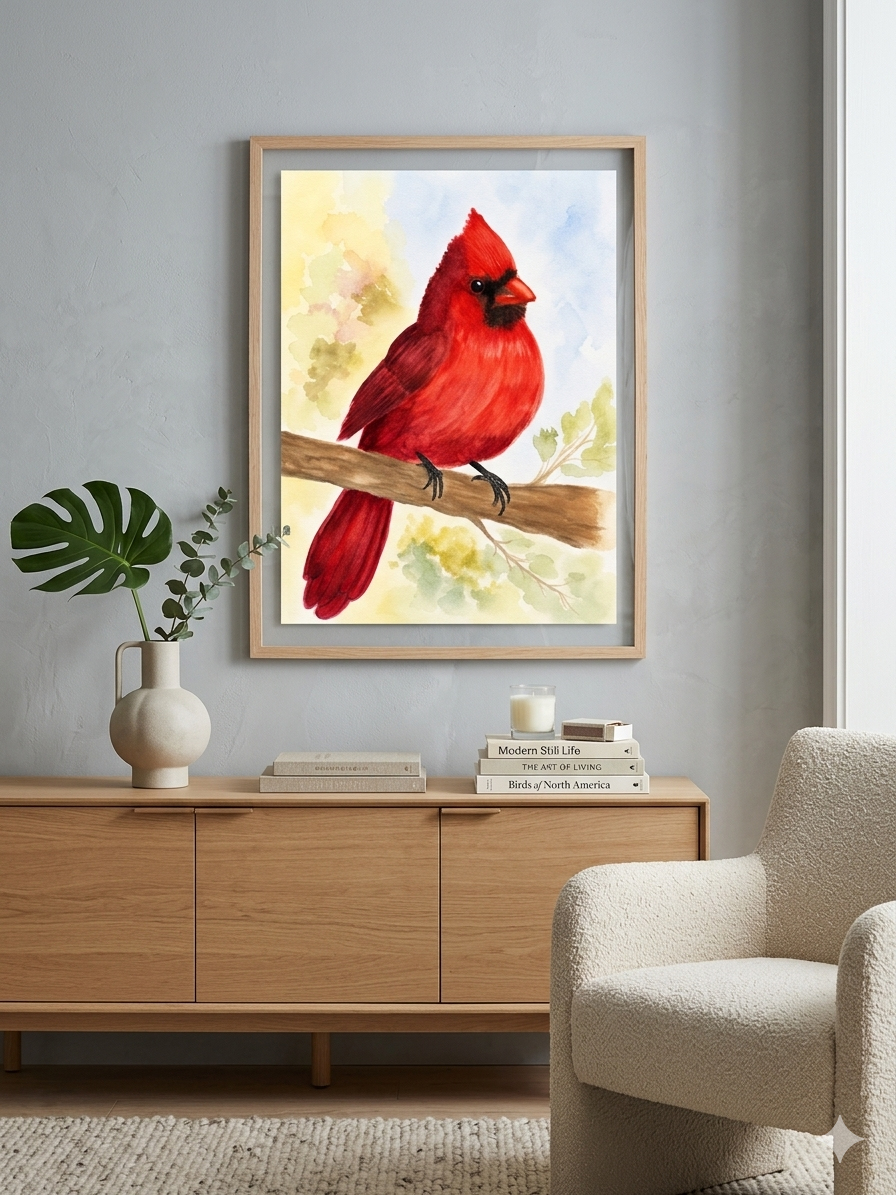 Crimson Cardinal original watercolor painting 9x12 by Paula A. Chavers, bold red bird wall art, modern avian illustration for bright home decor.