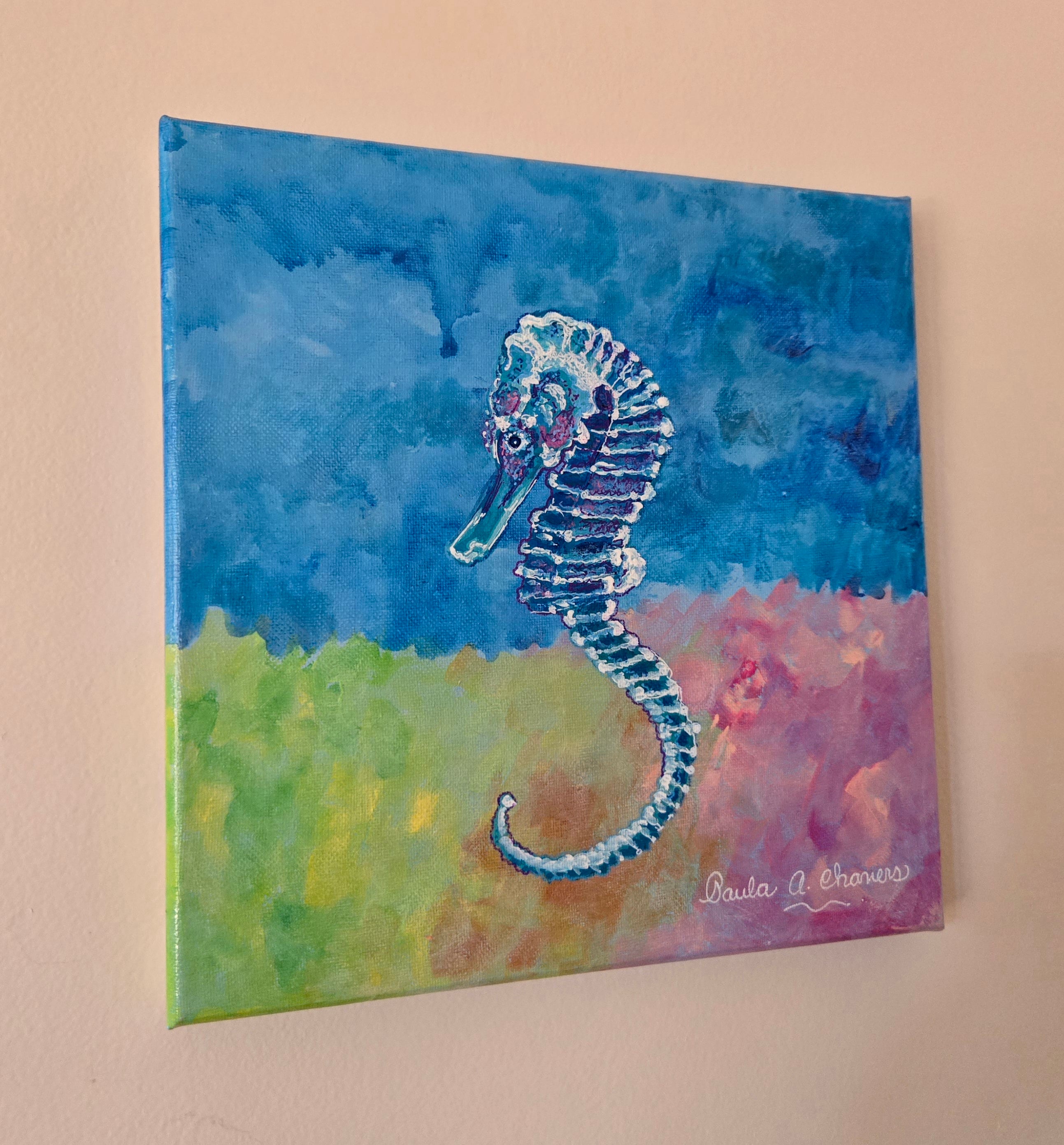 Detailed seahorse acrylic painting on canvas, turquoise and blue ocean wall art by Paula A. Chavers, 10x10 nautical decor.