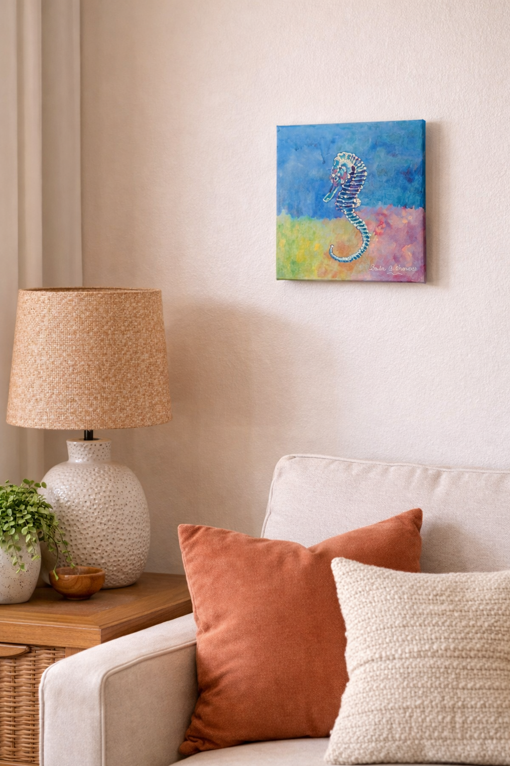 Detailed seahorse acrylic painting on canvas, turquoise and blue ocean wall art by Paula A. Chavers, 10x10 nautical decor.