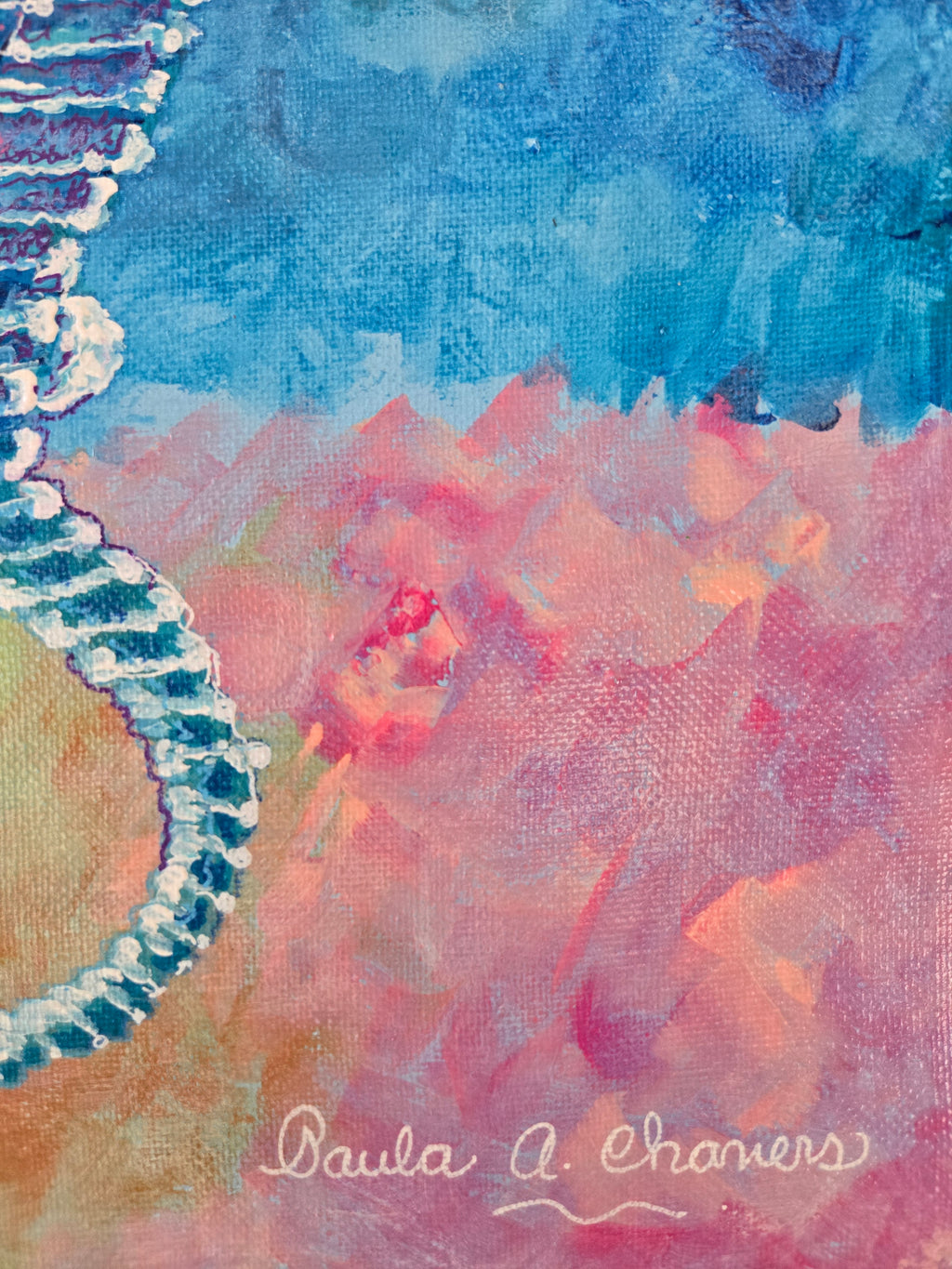Detailed seahorse acrylic painting on canvas, turquoise and blue ocean wall art by Paula A. Chavers, 10x10 nautical decor.
