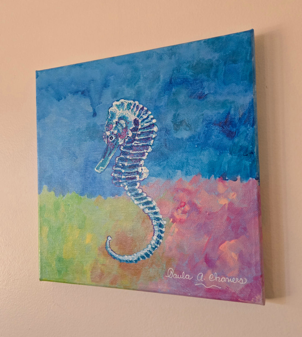 Detailed seahorse acrylic painting on canvas, turquoise and blue ocean wall art by Paula A. Chavers, 10x10 nautical decor.