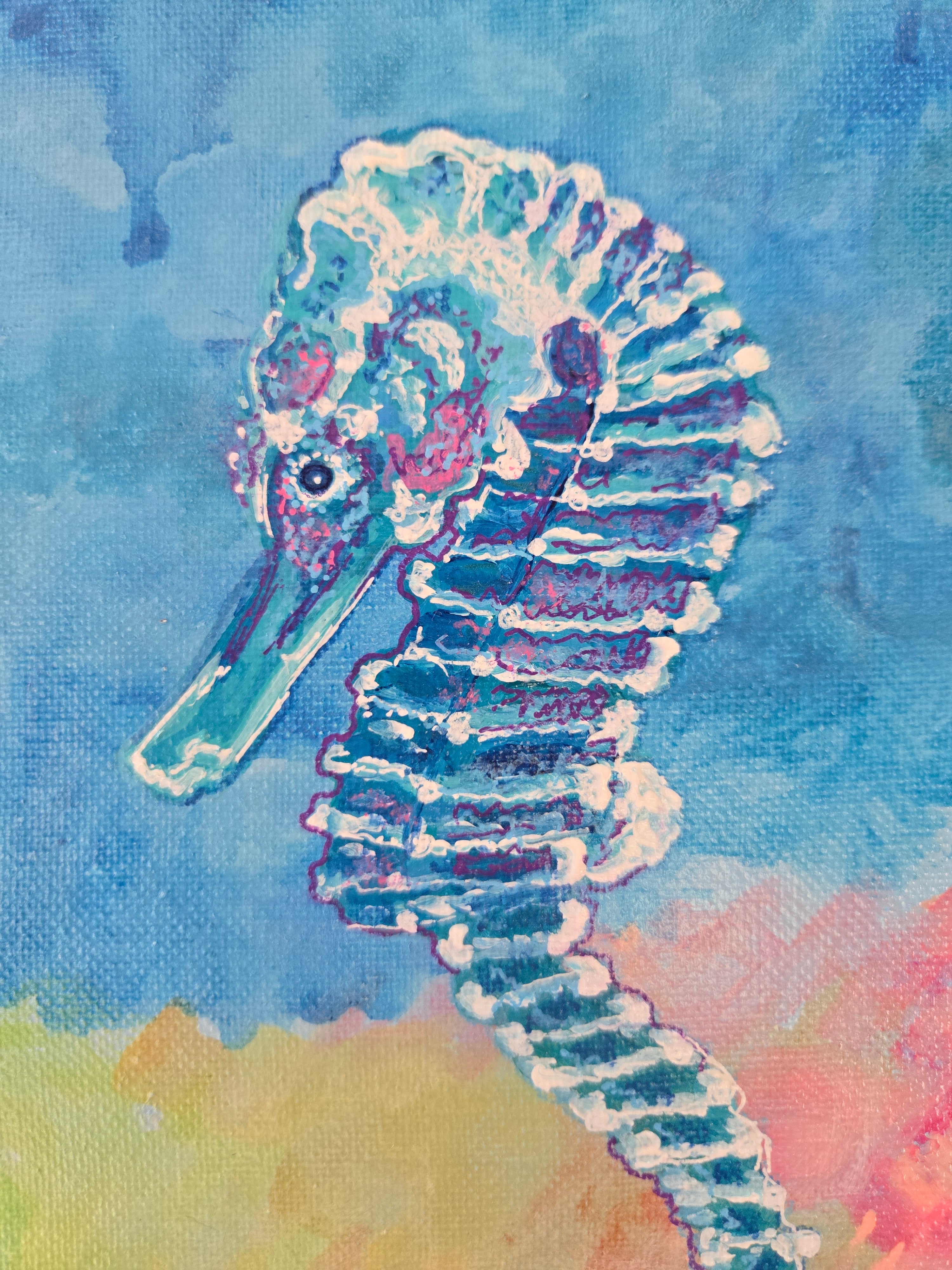Detailed seahorse acrylic painting on canvas, turquoise and blue ocean wall art by Paula A. Chavers, 10x10 nautical decor.