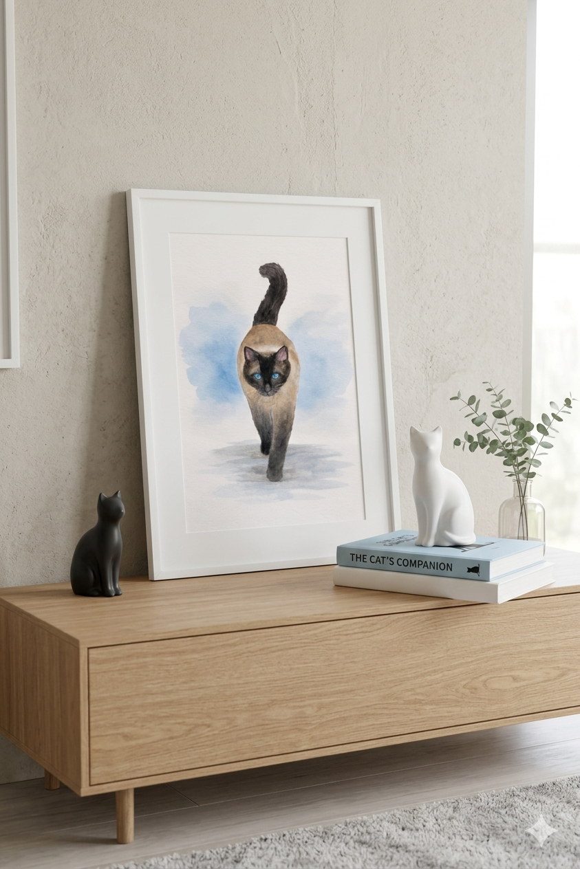Blue-Eyed Siamese Grace original watercolor painting 9x12 by Paula A. Chavers, elegant Siamese cat wall art with striking blue eyes, modern pet illustration for bright home decor.