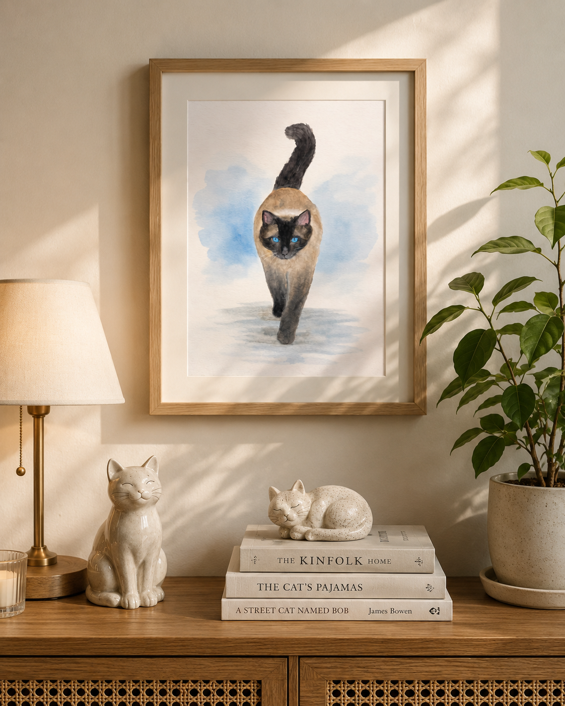 Blue-Eyed Siamese Grace original watercolor painting 9x12 by Paula A. Chavers, elegant Siamese cat wall art with striking blue eyes, modern pet illustration for bright home decor.