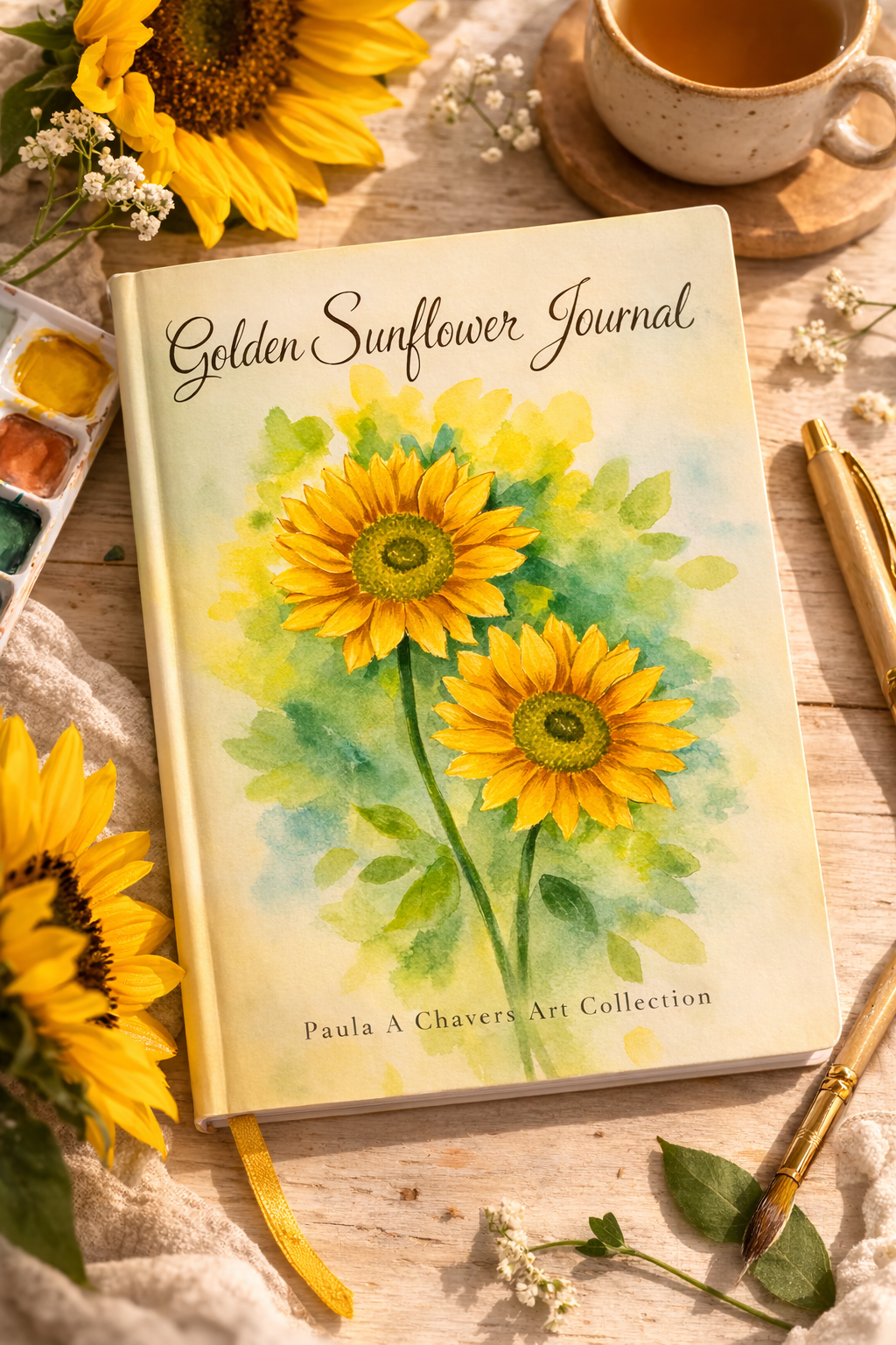 Golden Sunflower Journal mockup featuring original watercolor sunflower artwork by Paula A. Chavers, displayed on a cozy rustic desk with sunflowers, paint supplies, and warm natural lighting.
