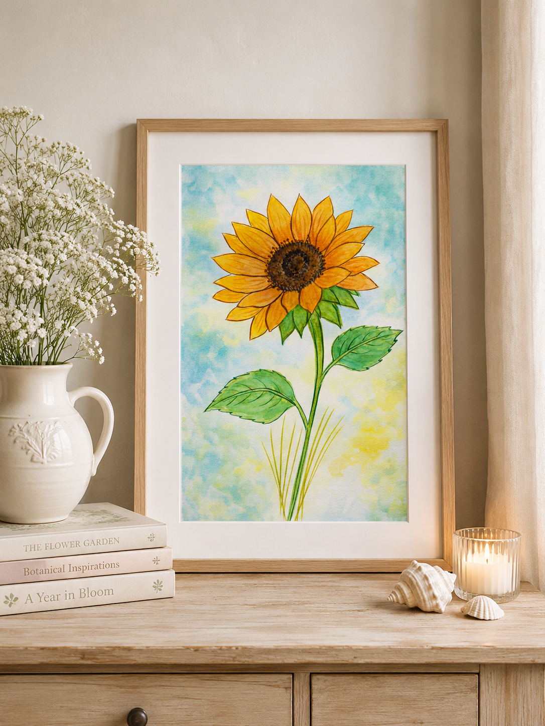 Original watercolor painting of a vibrant golden sunflower with soft green leaves against a dreamy blue and yellow watercolor background by Paula A. Chavers.