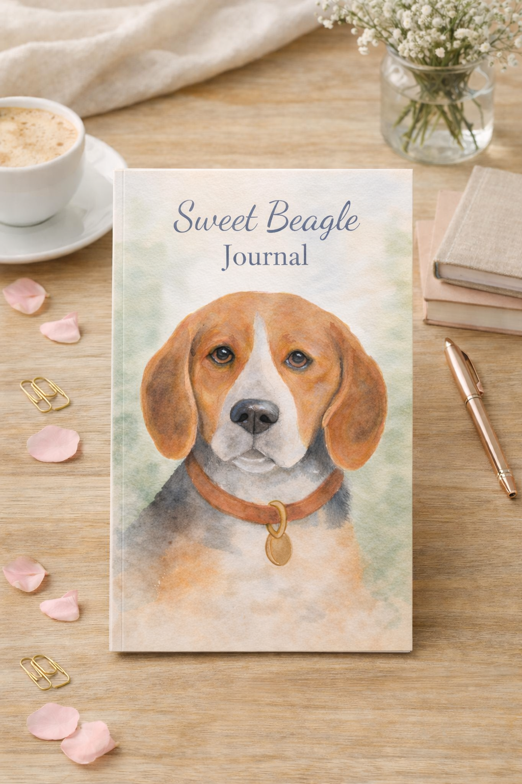 Sweet Beagle Journal mockup featuring original watercolor beagle artwork by Paula A. Chavers, displayed on a cozy wooden desk with books, coffee, flower petals, and soft natural lighting.