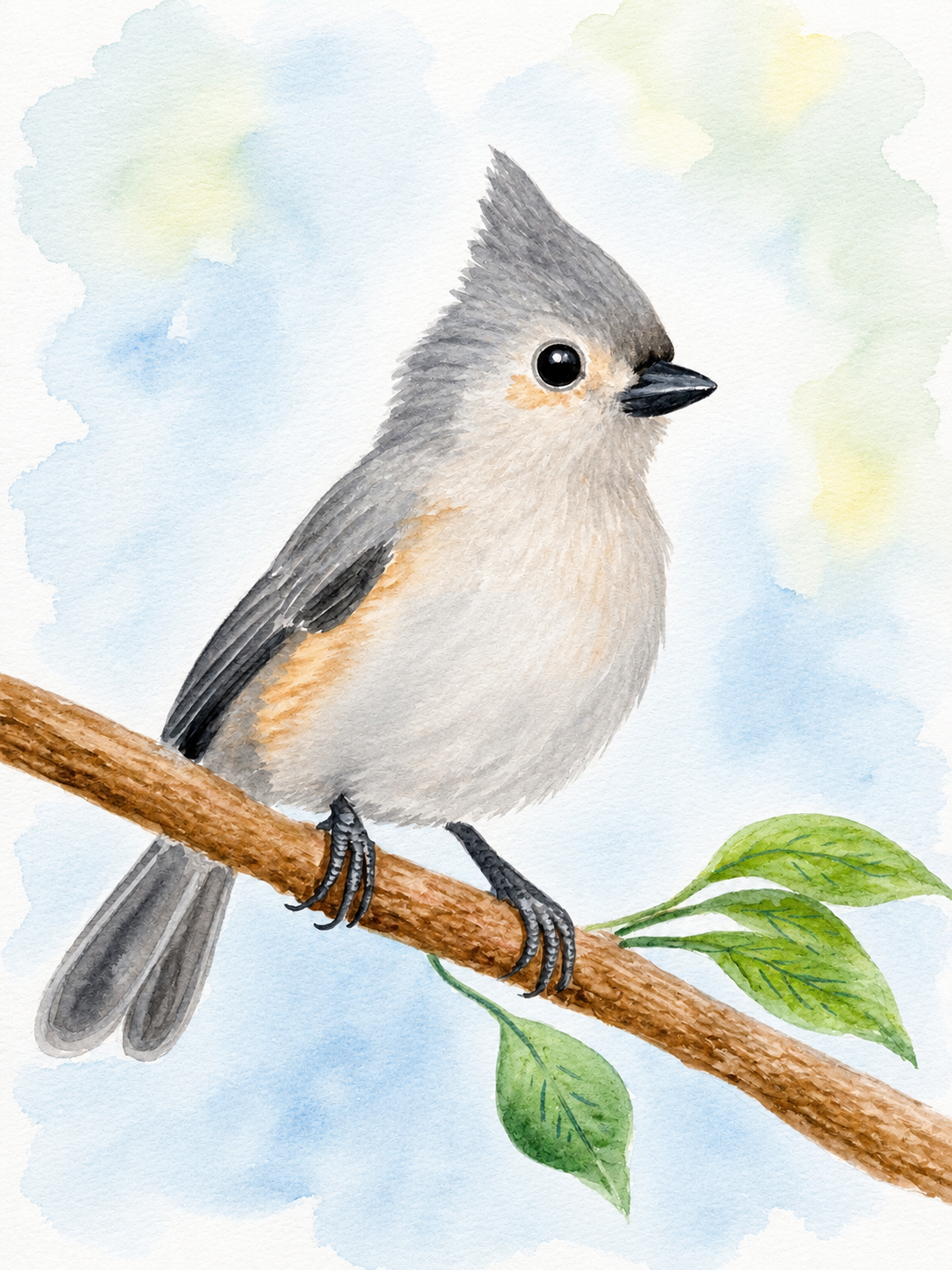 Soft Woodland Titmouse original watercolor painting 9x12 by Paula A. Chavers, tufted titmouse bird wall art, modern woodland illustration for nursery or bright home decor.