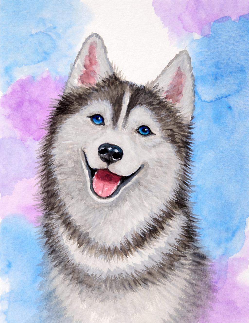 Happy Husky Portrait Bright Spirit, original watercolor painting 9x12 by Paula A. Chavers, husky with blue eyes wall art, modern dog illustration for children's room or bright home decor.