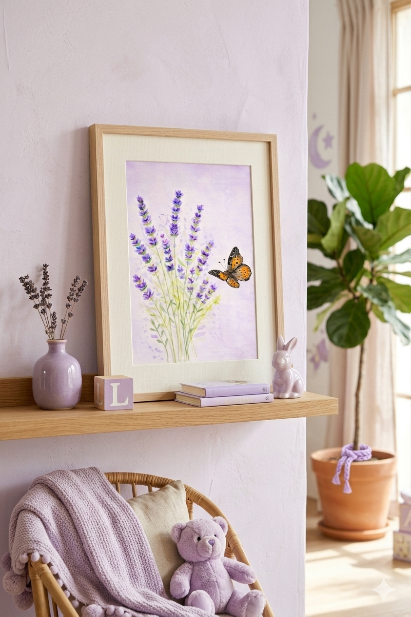 Lavender Butterfly Serenity original watercolor painting 9x12 by Paula A. Chavers, purple lavender flowers and butterfly wall art, modern botanical illustration for bright home decor or girl's nursery.