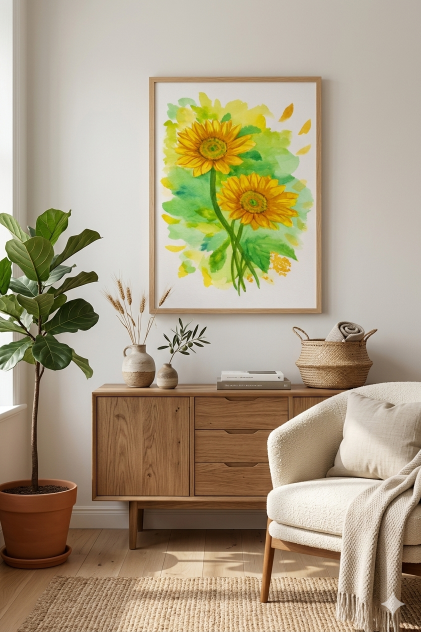 Golden Sunflower Radiance original watercolor painting 9x12 by Paula A. Chavers, vibrant yellow sunflower wall art, modern floral illustration for bright home decor.