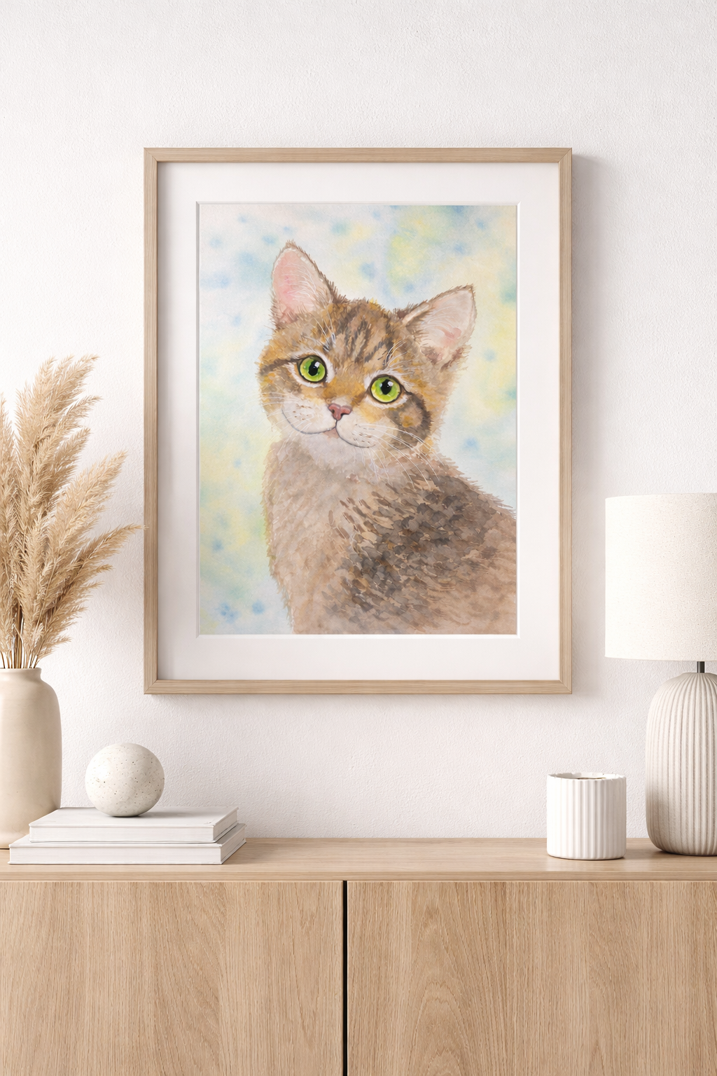 Emerald Eyes original kitten watercolor painting 9x12 by Paula A. Chavers, green-eyed cat wall art, sweet kitten illustration for nursery or bedroom decor.