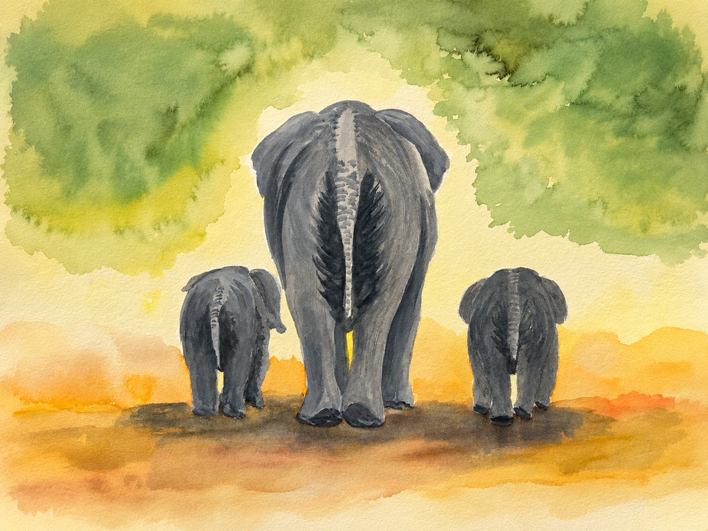 Original watercolor painting of an elephant family walking together beneath soft green foliage and warm earthy tones, nursery and safari-inspired wall art by Paula A. Chavers.