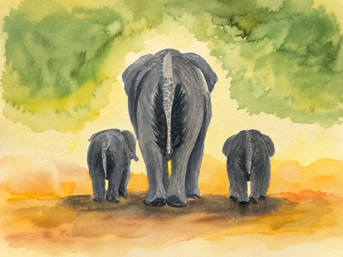 Original watercolor painting of an elephant family walking together beneath soft green foliage and warm earthy tones, nursery and safari-inspired wall art by Paula A. Chavers.