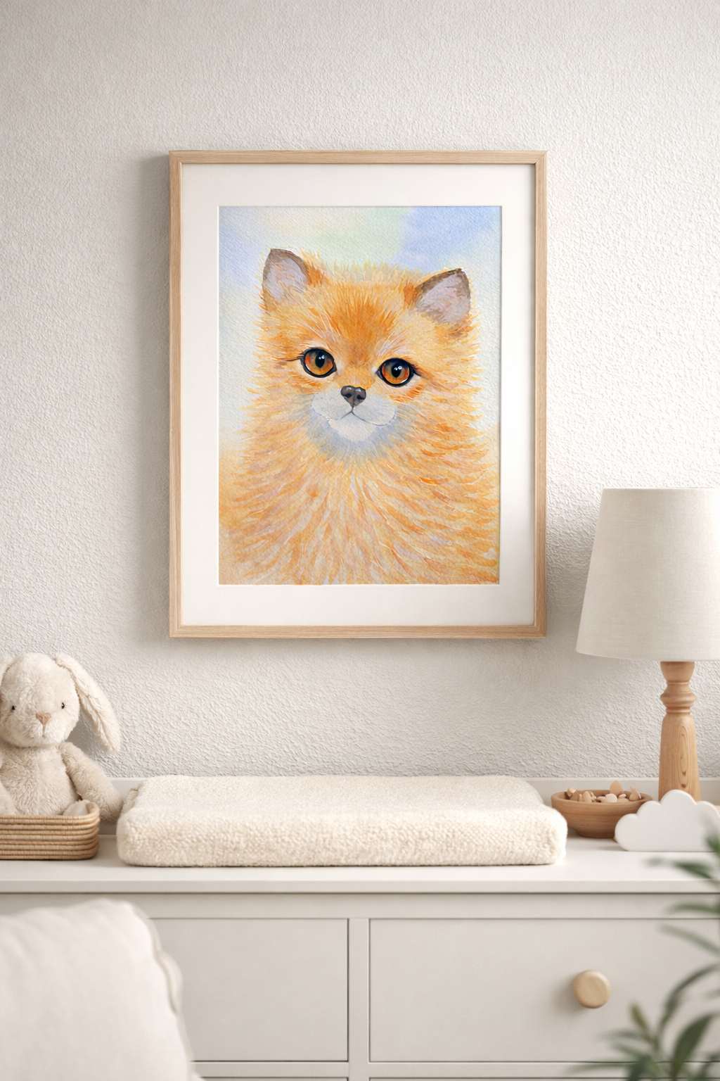 Gentle Fox original watercolor painting 9x12 inches, forest animal nursery wall art, orange and white fox illustration for modern home decor.