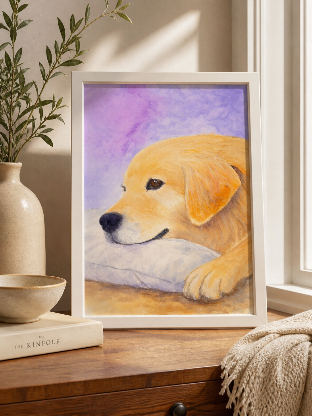 Golden Retriever Sweet Rest, original watercolor painting of a sleeping dog 9x12 by Paula A. Chavers, peaceful pet wall art for nursery or modern home decor.