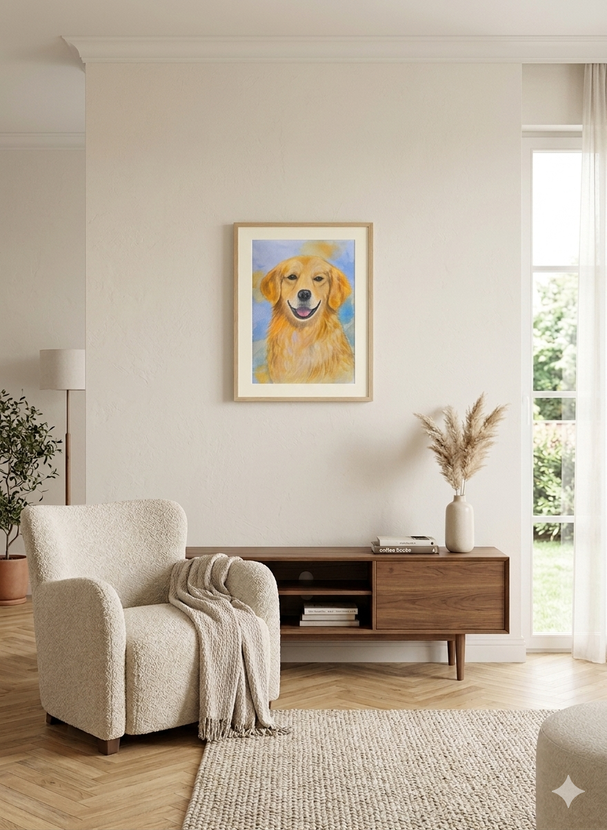 Golden Retriever Portrait Gentle Joy, original watercolor painting 9x12 by Paula A. Chavers, sweet dog wall art for nursery, children's room, or modern home decor.
