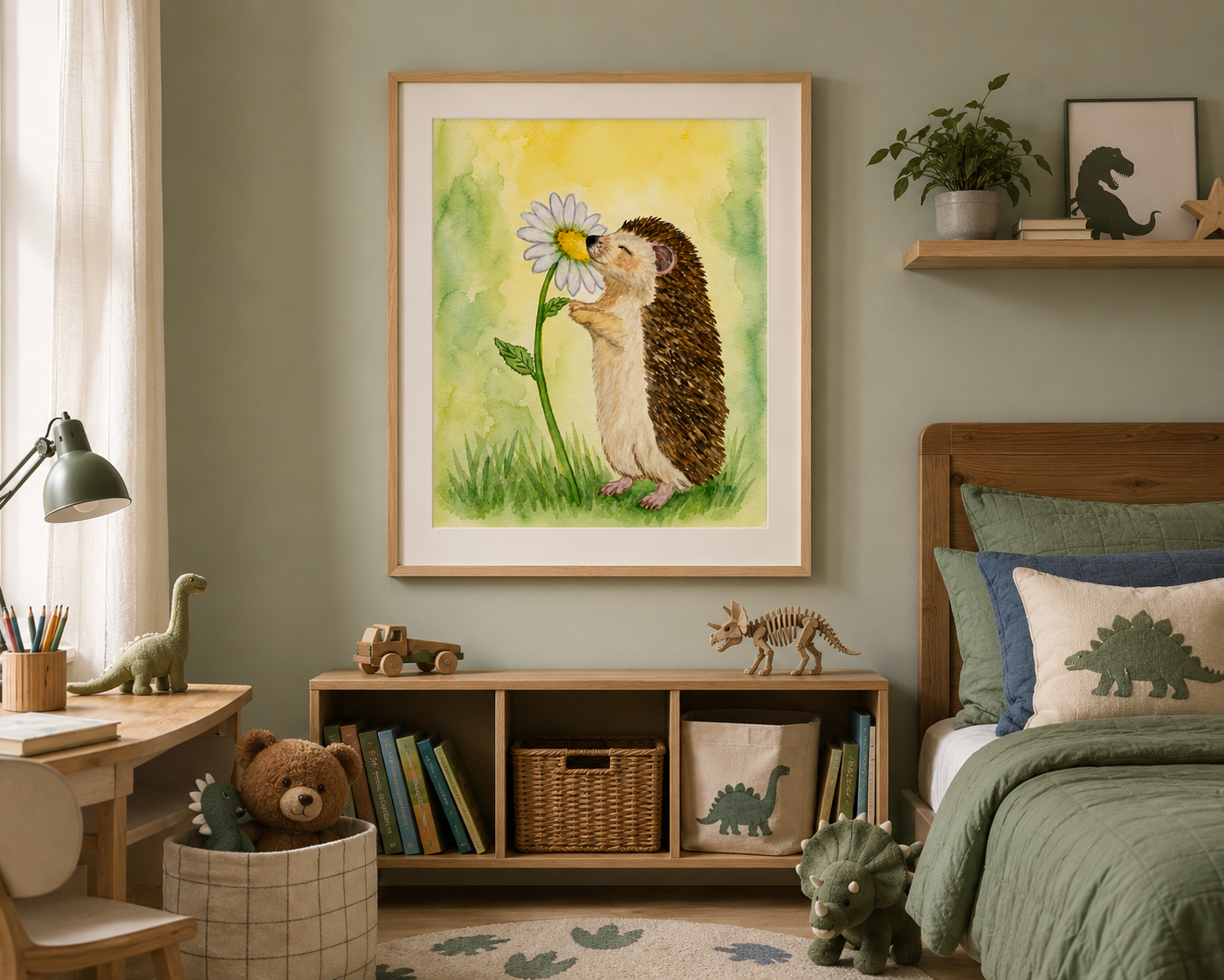 Original watercolor painting of a smiling hedgehog smelling a white daisy in a soft green and yellow meadow background by Paula A. Chavers.