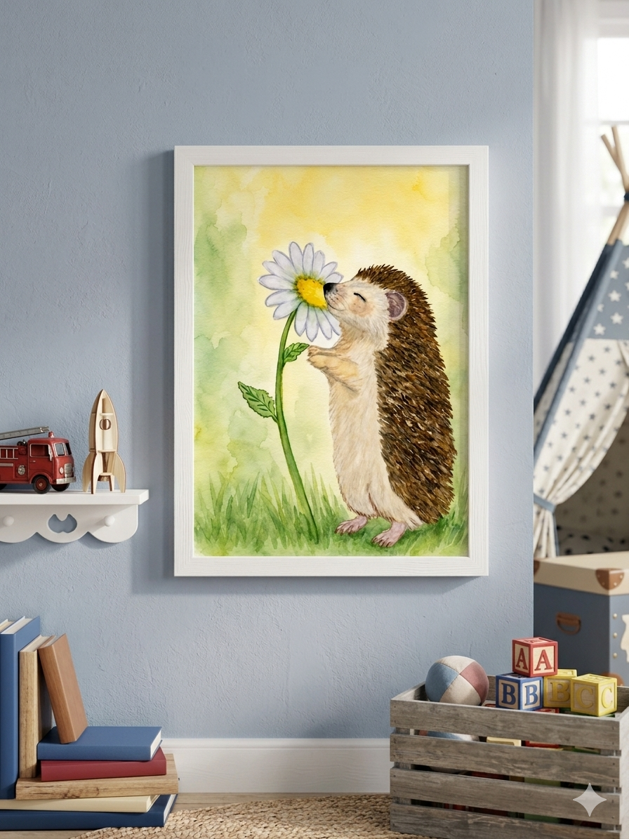 Daisy Wishes Hedgehog original watercolor painting 9x12 by Paula A. Chavers, cute woodland animal wall art with daisies, modern nursery illustration for bright home decor.