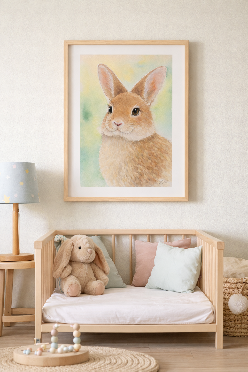 Gentle Bunny original watercolor painting 9x12 by Paula A. Chavers, sweet rabbit nursery wall art, soft animal illustration for baby room decor.
