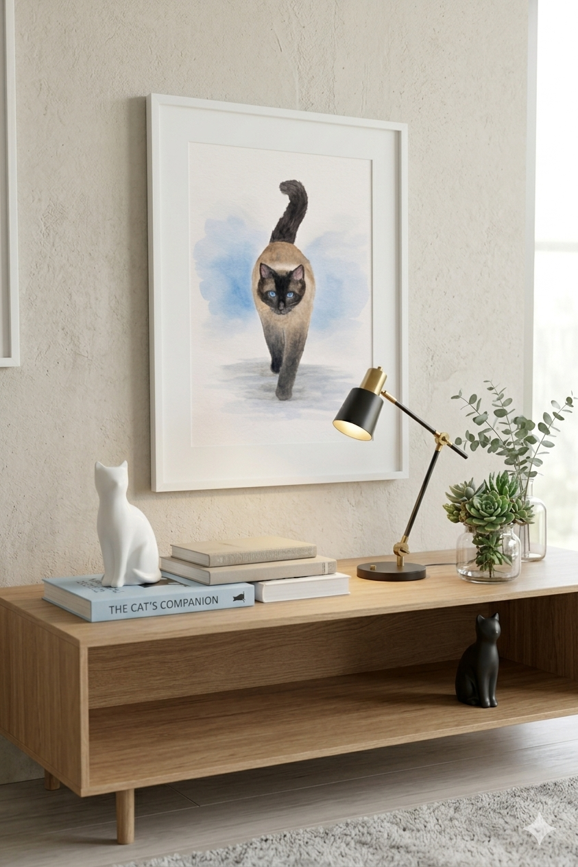 Blue-Eyed Siamese Grace original watercolor painting 9x12 by Paula A. Chavers, elegant Siamese cat wall art with striking blue eyes, modern pet illustration for bright home decor.