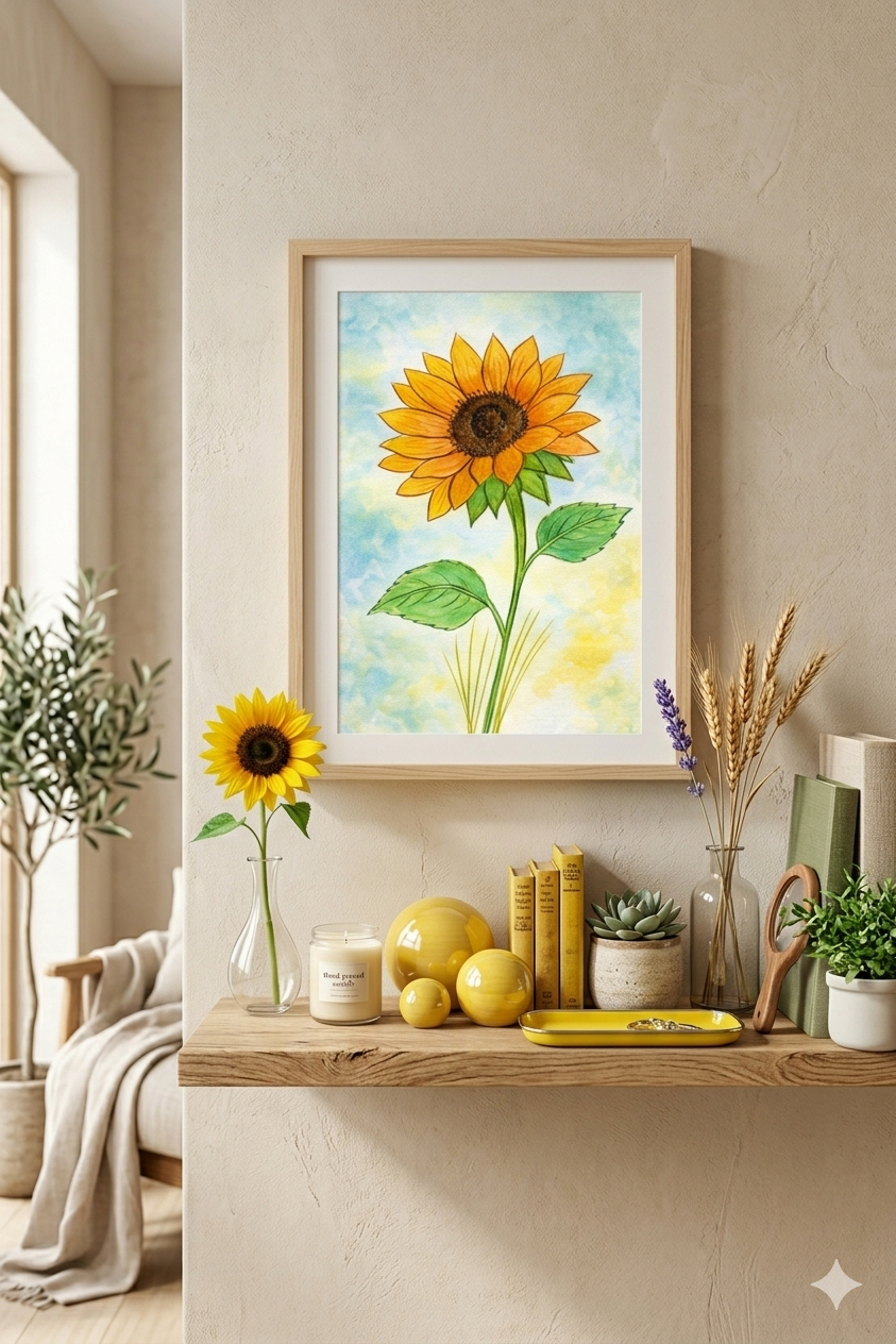 Golden Sunflower Serenity original watercolor painting 9x12 by Paula A. Chavers, vibrant yellow sunflower wall art, modern botanical illustration for bright home decor or sunlit kitchen.
