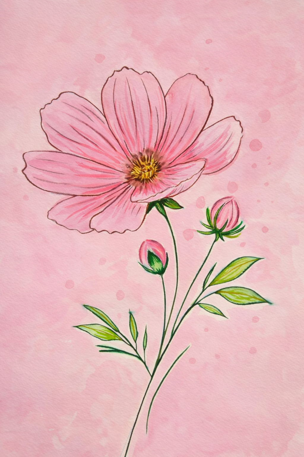 Pink Cosmos Serenity original watercolor painting 9x12 by Paula A. Chavers, delicate pink flower wall art, modern botanical illustration for bright home decor or girl's nursery.