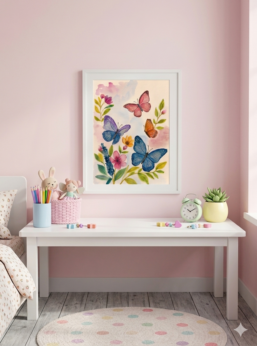 Butterfly Garden Dreams original watercolor painting 9x12 by Paula A. Chavers, colorful butterfly wall art, modern garden illustration for a girl's nursery or bright home decor.