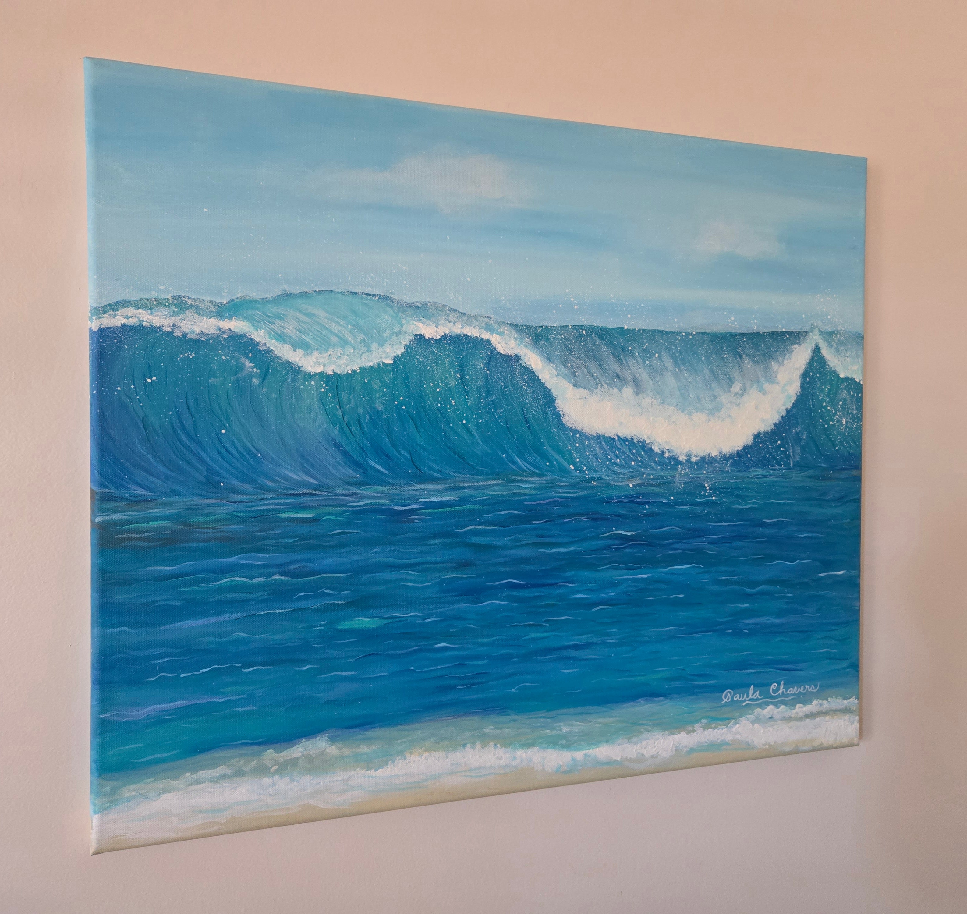 Large 20x24 original ocean wave painting in acrylic, coastal blue and white wall art by Paula A. Chavers for beach house home decor.
