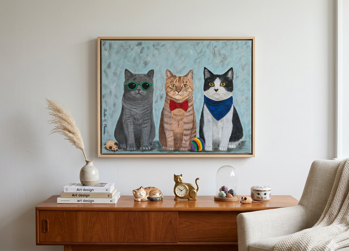 Original cat painting with three stylish cats on canvas displayed in a modern home, acrylic artwork by Paula A. Chavers