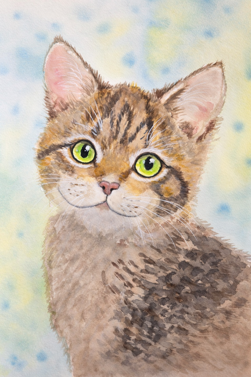 Original cat watercolor painting emerald eyes cat portrait artwork by Paula A Chavers
