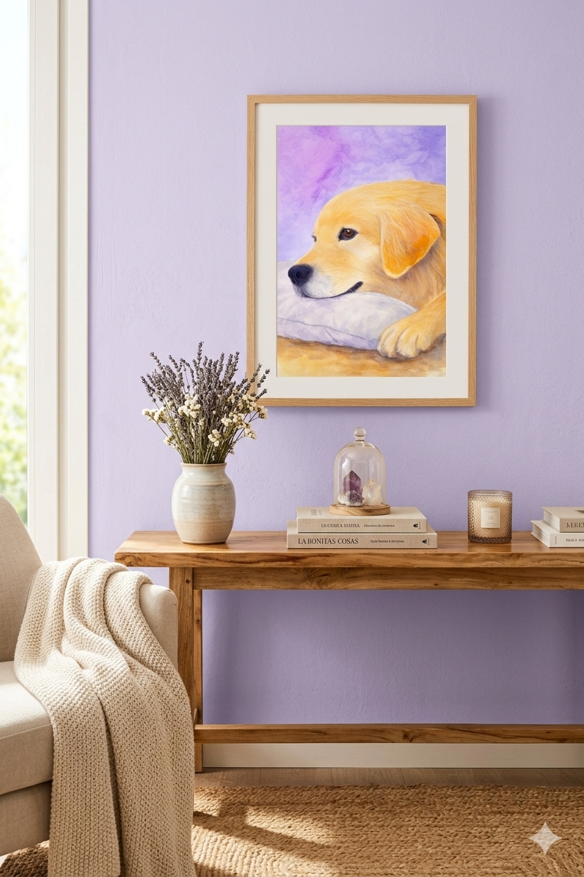 Golden Retriever Sweet Rest, original watercolor painting of a sleeping dog 9x12 by Paula A. Chavers, peaceful pet wall art for nursery or modern home decor.