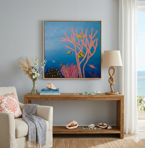 Coastal living room featuring original acrylic ocean painting with coral and colorful fish by Paula A Chavers displayed above a light sofa with beach-inspired decor