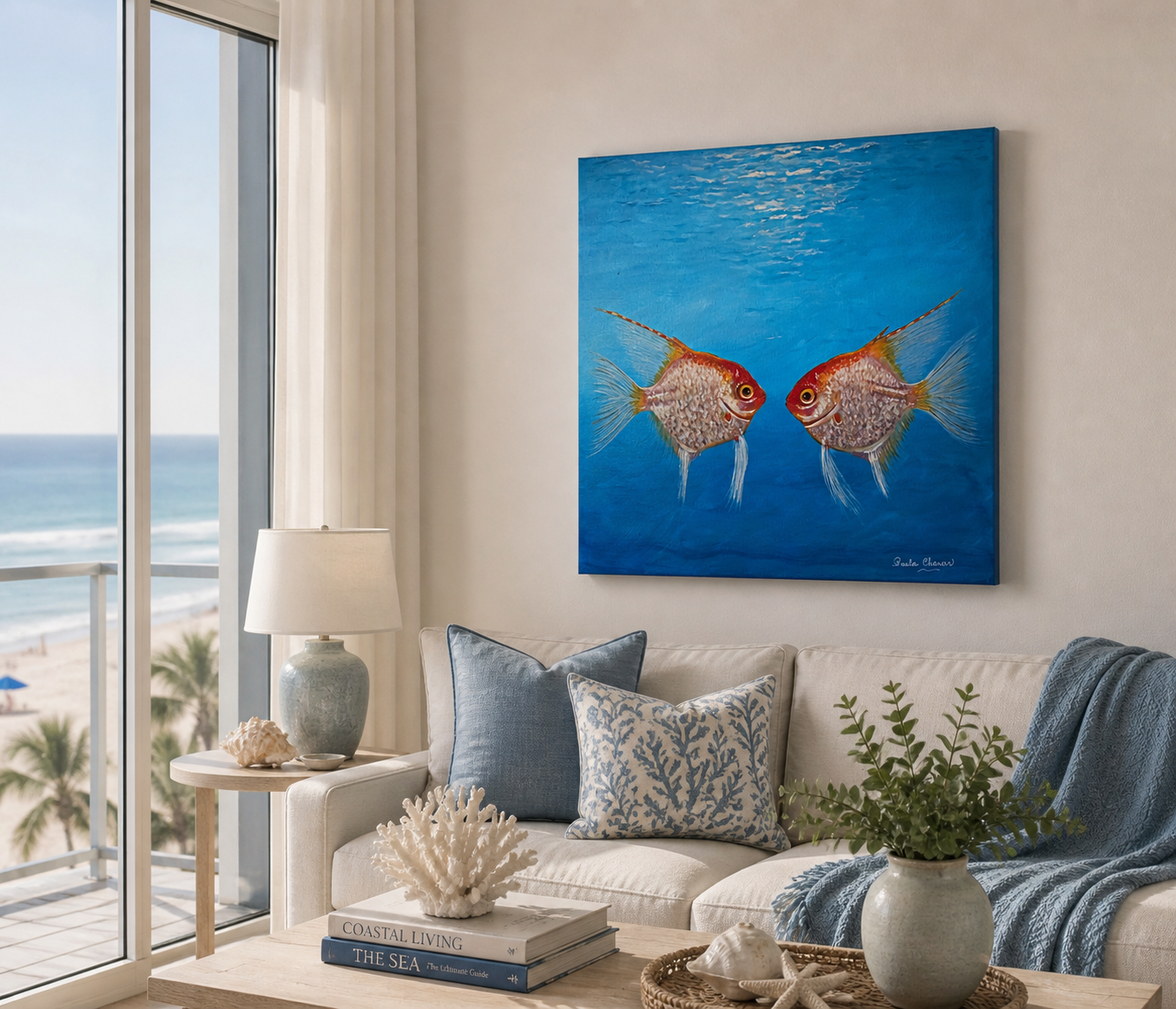 Coastal living room with ocean view featuring original acrylic painting of two colorful fish by Paula A Chavers above a sofa with beach-inspired decor