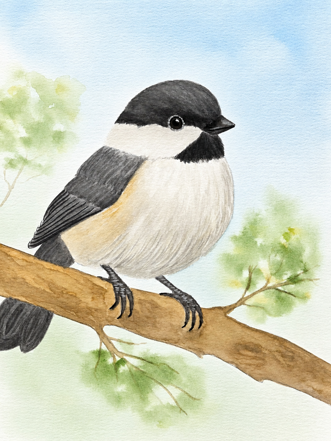 Gentle Chickadee original watercolor painting 9x12 by Paula A. Chavers, small bird wall art, modern avian illustration for bright home or nursery decor.