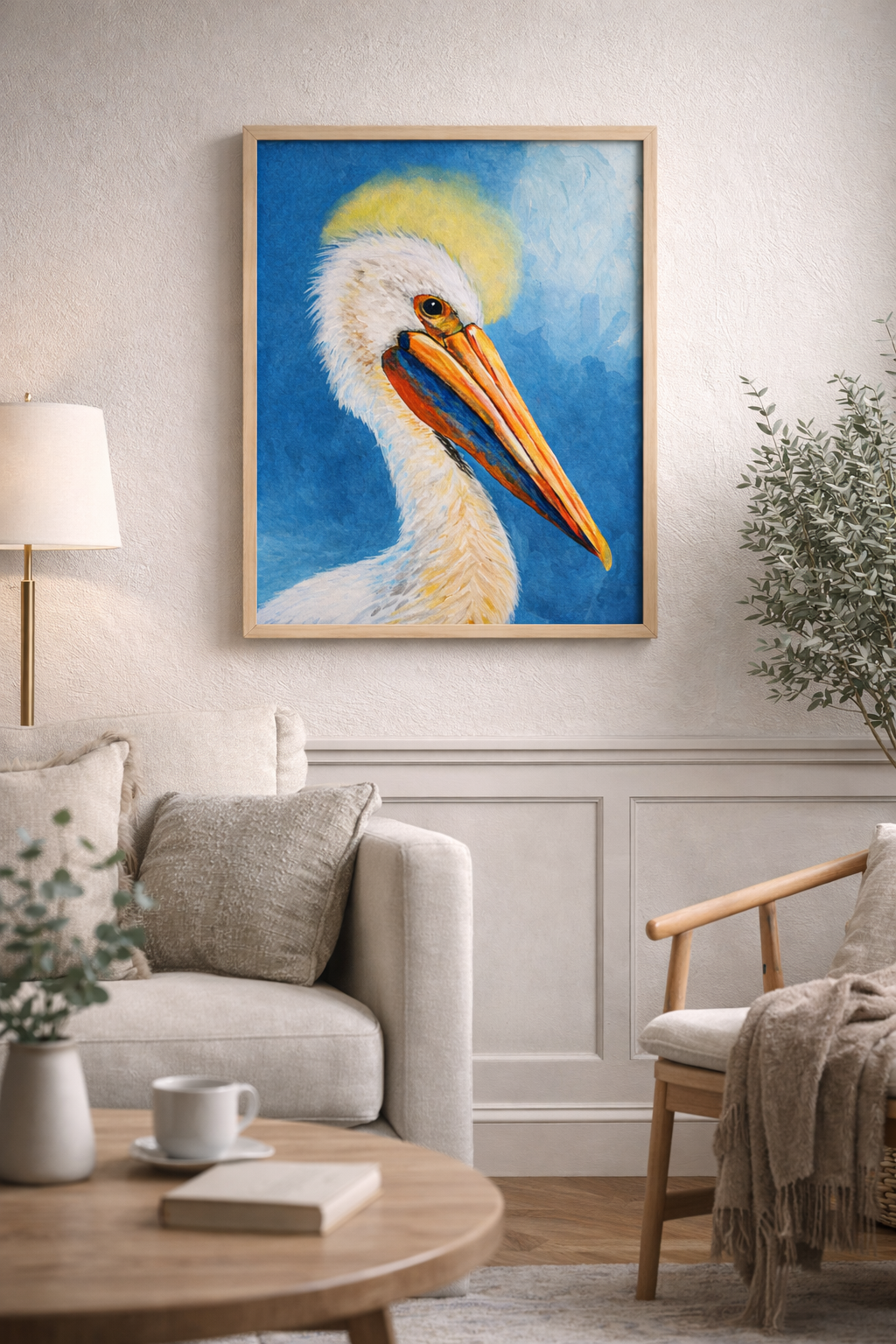 Original acrylic pelican painting on canvas by Paula A. Chavers displayed in a coastal living room, colorful coastal bird wall art inspired by marine wildlife