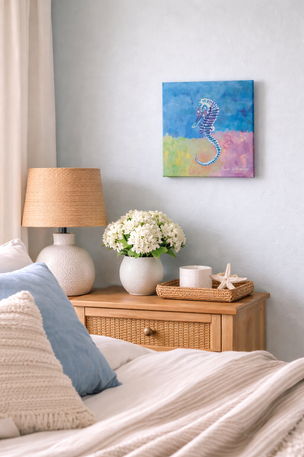 Detailed seahorse acrylic painting on canvas, turquoise and blue ocean wall art by Paula A. Chavers, 10x10 nautical decor.