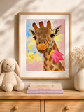 Original giraffe watercolor painting by Paula A. Chavers displayed in a soft neutral nursery decor and cozy styling.