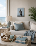 Blue heron standing in water acrylic painting titled 'Still Waters' by Paula A. Chavers, coastal bird wall art 11x14 for beach house decor.