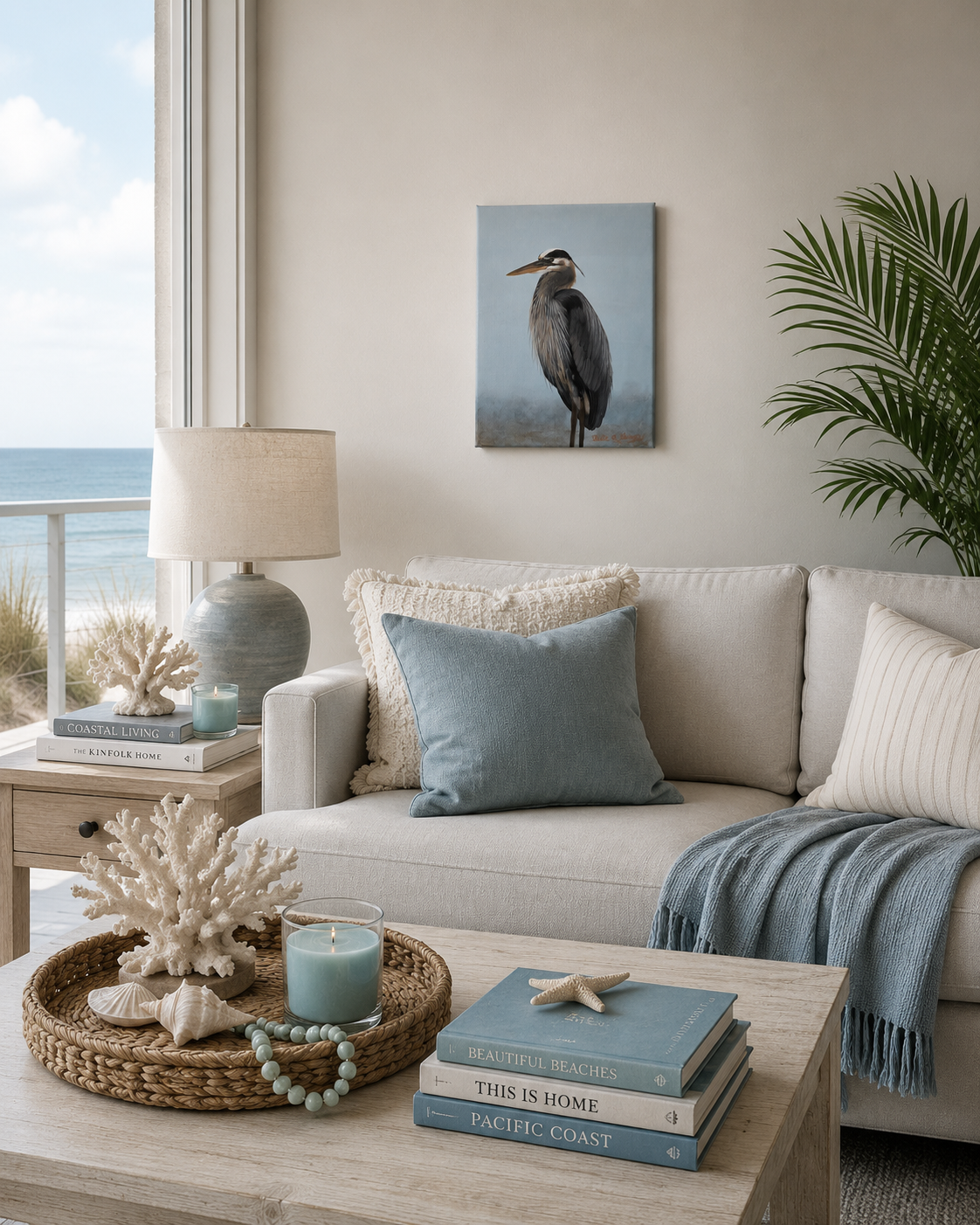 Blue heron standing in water acrylic painting titled 'Still Waters' by Paula A. Chavers, coastal bird wall art 11x14 for beach house decor.