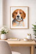 Original beagle watercolor portrait by Paula A. Chavers displayed in a warm cozy interior with neutral decor and soft elegant styling.